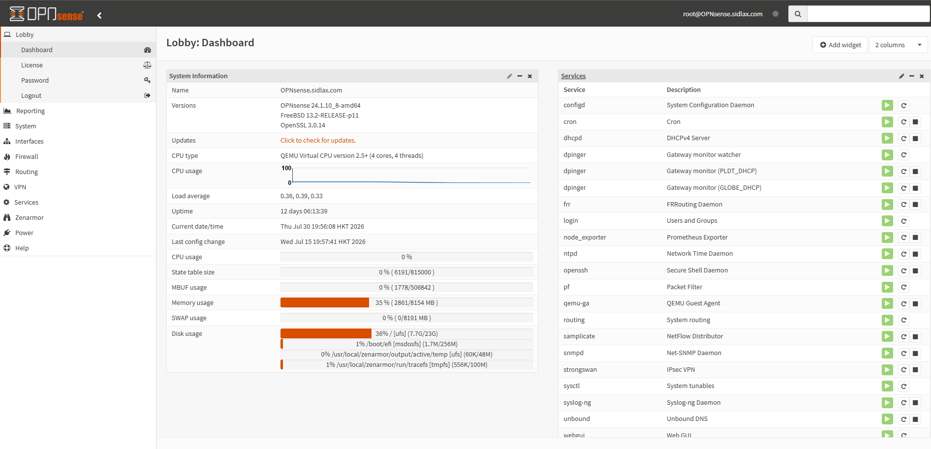 Proxmox VE dashboard